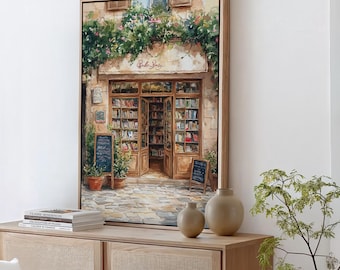 Art mural en toile charmante librairie vintage - impression librairie aquarelle rustique, décoration littéraire confortable, cadeau pour amateur de livres, coin lecture