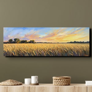 The Original Serene Wheat Landscape, Tranquil Landscape Art, Ready To Hang Panoramic Canvas Wall Art Print, Large Canvas Wall Art