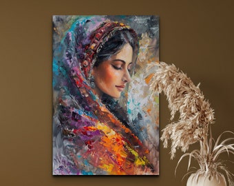 Indian Woman Ready To Hang Canvas Wall Art Print, Rajasthani Woman Canvas Wall Art, Indian Wall Decor