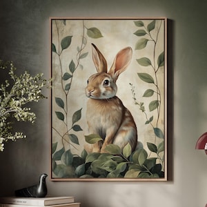 Realistic Rabbit Portrait Canvas Wall Art with Lush Greenery for Rustic and Nature-Inspired Home Decor