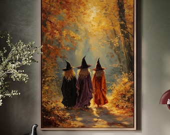 Three Witches Forest Art | Autumn Coven Canvas Print for Atmospheric Halloween Home and Seasonal Decor