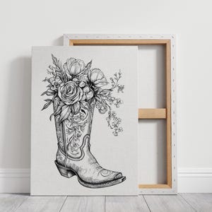 Floral Cowboy Boot Ink Illustration – Western Rustic Wall Art Print