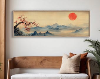 Panoramic Japanese Landscape - Red Sun & Maple Tree - Misty Mountain Wall Art - Zen Wabi Sabi Canvas - Asian Nature Decor