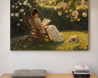 Romantic Garden Reading Painting, Cottagecore Wall Art, Vintage Floral Print, Woman with Book, Soft Impressionist Canvas
