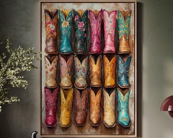 Vintage western cowboylaarzen canvas muurkunst rustiek landdecor voor westernliefhebbers en boerderijstijl