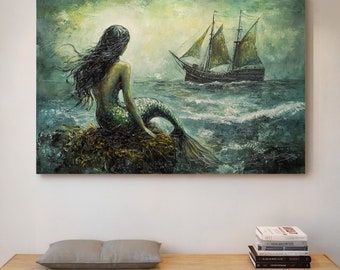 Enchanting Mermaid Canvas Art - Mystical Ocean Scene, Ship at Sea, Fantasy Wall Decor, Serene Coastal Painting