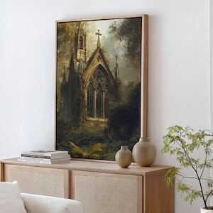 Abandoned Gothic Church Canvas - Overgrown Ivy-Covered Ruins with Stained Glass Windows in a Mystical Forest