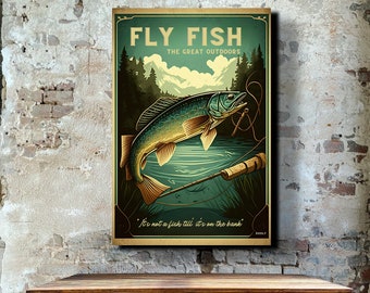 Vintage Fly Fishing Wall Art Canvas - Retro Fishing Print - Travel Poster, Sports, Home Art, Wall Art, Gift For Him, Dad Gift, KoolyArt