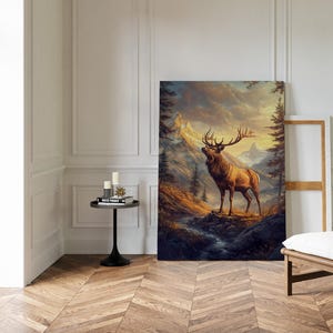 Elk Canvas Wall Art | Majestic Bugling Elk in Sunset Mountain Scene | Rustic Wildlife Decor in Vintage Oil Painting Style