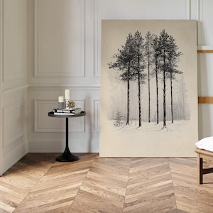 Puede incluir: Una ilustración en blanco y negro de cinco árboles en un bosque nevado. Los árboles son altos y delgados, con ramas que se extienden hacia el cielo. La nieve cae suavemente y el suelo está cubierto de una manta blanca.