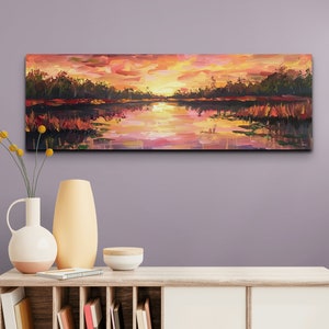 Panoramic Serene Marsh At Sunset Scene Ready To Hang Canvas Wall Art, Lake Art, Tranquil Canvas Wall Art, Panoramic Art
