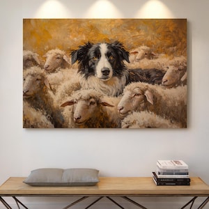 Border Collie Herding Sheep Canvas Art, Farmhouse Animal Print, Rustic Shepherd Dog Wall Decor, Vintage Oil Painting
