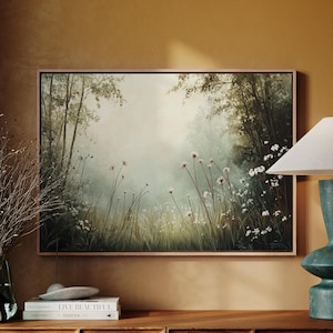 Tranquil Wildflower Meadow Canvas Wall Art with Soft Misty Tones for Rustic Farmhouse or Nature-Inspired Home and Office Decor