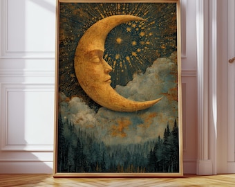 Impressão artística de rosto de lua crescente dourada, ilustração de céu noturno celestial, decoração de parede lunar vintage, paisagem cósmica de floresta estrelada