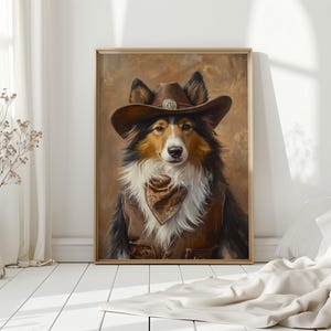 Cowboy Dog Canvas Wall Art – Regal Collie Sheriff Portrait in Western Hat and Vest – Rustic Farmhouse Decor for Dog Lovers and Pet Owners