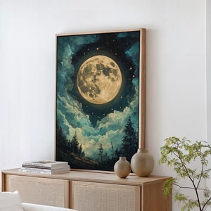 Lienzo encantador de luna llena: escena nocturna lunar resplandeciente, cielo estrellado y nubes de ensueño, arte mural de naturaleza atmosférica