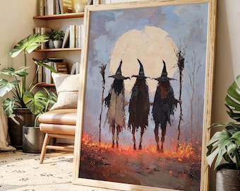 Three Witches Moon Art | Halloween Coven Canvas Print for Atmospheric Autumn Home and Seasonal Decor