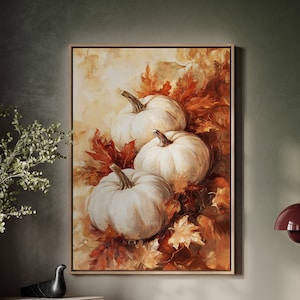 Rustikale weiße Kürbis Herbst Leinwand Kunst | Herbst-Ernte-Wanddekor | Saisonales Kürbis und Blätter Gemälde | Gemütliches Bauernhaus Thanksgiving Art