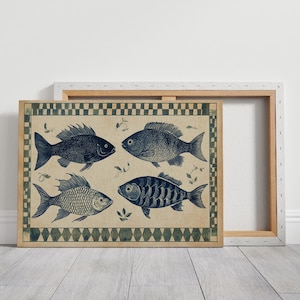 May include: A vintage-style print featuring four blue fish on a beige background with a green and white checkered border. The fish are arranged in a symmetrical pattern.