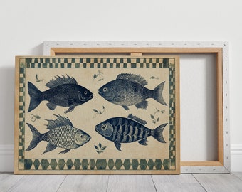 Vintage Nautical Blue Fish Canvas Wall Art - Rustic Hangable Ocean Decor for Coastal and Beach-Inspired Spaces
