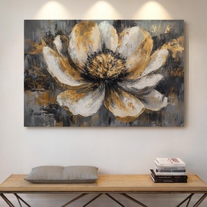 Abstract Gold Flower Canvas Wall Art - Textured Metallic Petals on Gray Background - Glamorous Floral Painting for Elegant Home Decor