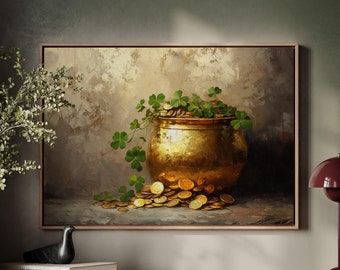 Goldener Topf voll Gold und Shamrocks Leinwand Wandkunst - Aufhängbare St. Patrick&#39;s Day Wandkunst für irische Wohnkultur