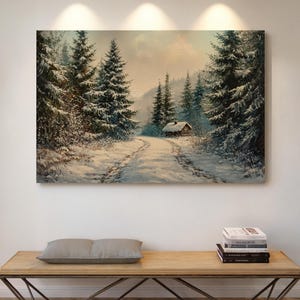 Snowy Cabin Wall Art, Winter Forest Canvas Print, Rustic Lodge Painting, Christmas Mountain Landscape, Cozy Woodland Wall Decor