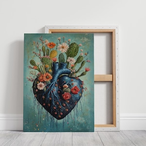 Cactus Heart Art with Blooming Flowers | Unique Botanical Print | Colorful Desert-Inspired Heart Illustration for Nature Lovers