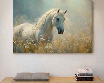 野生の花が咲く草原の優雅な白い馬 | 穏やかな農家のキャンバスアート