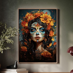 Day Of The Dead Sugar Skull Woman Canvas Wall Art, Day of The Dead Hangable Wall Art, Canvas Wall Art, Hangable Art