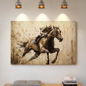 Dynamic Horse Racing Canvas Art - Sepia-Toned Galloping Racehorse with Jockey - Equestrian Wall Decor for Sports Enthusiasts