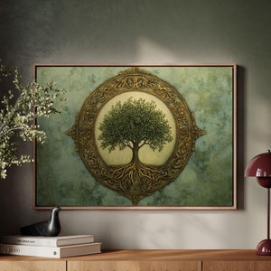 Elegant Tree of Life Canvas Wall Art - Ornate Green and Gold Nature-Inspired Home Décor with Rooted Design