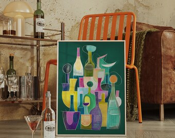 Naturaleza muerta con botellas de colores / Arte de pared en lienzo geométrico abstracto