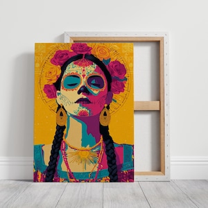 Colorful Day of the Dead Woman Art Print, Dia de los Muertos Sugar Skull Portrait, Mexican Folk Wall Decor, Festival Skull Face Art