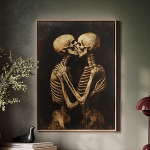 Eternal Embrace Skeleton Canvas Wall Art - Unique Gothic Hangable Wall Decor for Halloween or Romantic Home Aesthetic