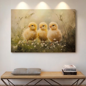 Adorable Trio of Fluffy Yellow Chicks - Rustic Farmhouse Canvas Art for Spring, Easter, and Nature-Inspired Wall Decor