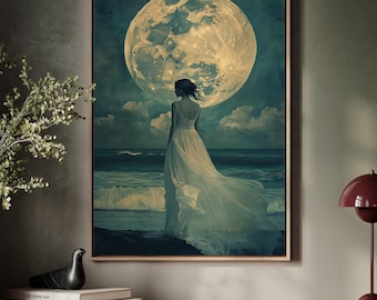 Canvaskunst etherische maanverlichte oceaan - vrouw in vloeiende witte jurk - muurdecoratie mystieke nachtelijke hemel voor dromerige ruimtes