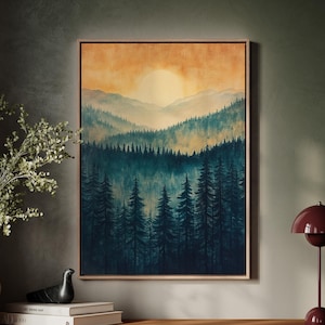 Serene Forest Sunrise Wall Art: Misty Mountain Landscape with Warm Golden Sky for Nature-Inspired and Tranquil Home Decor