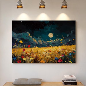 Golden Moonlit Meadow Canvas Art - Vibrant Wildflowers under Night Sky - Dreamy Nature Scene for Romantic Home or Office Decor