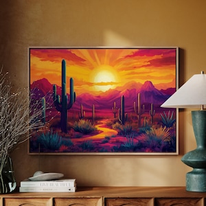 Southwestern Desert Sunset Canvas | Colorful Cactus Landscape Art Print | Vibrant Southwest Wall Art | Bold Sunset Desert Scene Decor
