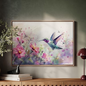 Hummingbird Canvas Wall Art Print, Humming Bird Decor for Room, Nature Artwork, Bird Decor With Colorful Flowers