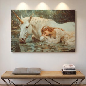 Ethereal Unicorn Canvas - Enchanted Forest Scene with Resting Maiden, Fairytale Artwork for Whimsical Wall Decor