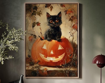 Black Cat in Pumpkin Halloween Art Print – Cute Spooky Fall Decor, Vintage Style Cat Wall Art for Autumn or Halloween Lovers