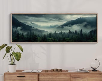 Morning fog over a mountain forest, Panoramic canvas print, foggy pine tree landscape, framed wall art, misty mountain landscape art