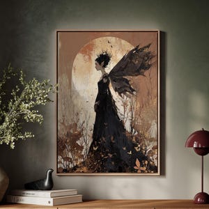 Dark Autumn Fairy Art Print, Gothic Fae Woman with Gold Accents, Fantasy Full Moon Wall Decor, Enchanted Woodland Fairy Illustration