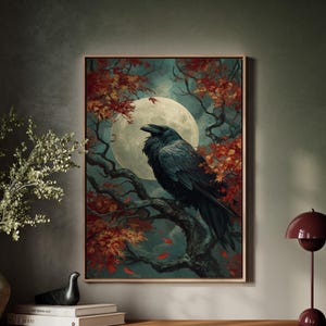 Raven and Full Moon Art Print, Gothic Autumn Crow Wall Decor, Dark Forest Bird Painting with Red Leaves, Halloween Night Illustration
