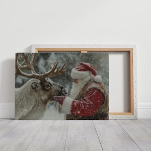 Rustic Santa&#39;s Reindeer Ready To Hang Canvas Wall Art Print, Farmhouse Christmas Canvas Wall Art Decor, Christmas, Cottagecore