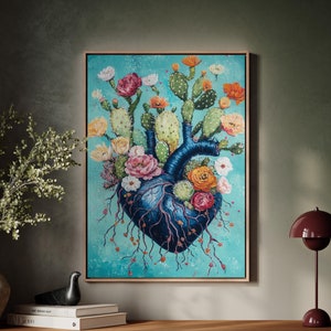 Heart and Cactus Floral Wall Art - Desert Succulents and Flowers in Heart Shape, Vibrant Botanical Canvas for Unique Home Decor