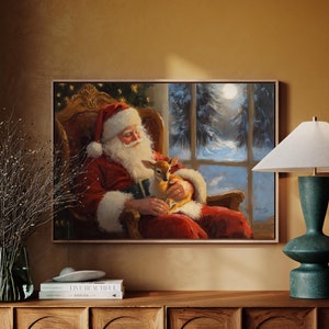 Santa Clause Holding Baby Reindeer Vintage Vibe Ready To Hang Canvas Wall Art Print, Farmhouse Christmas Canvas Wall Art Decor, Christmas