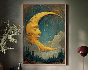 Impressão artística de rosto de lua crescente celestial, decoração de parede com céu estrelado místico, ilustração lunar vintage, cena de floresta noturna cósmica